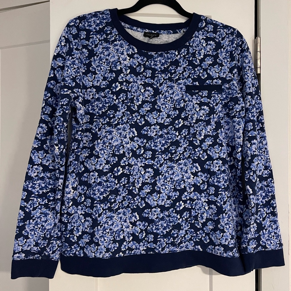 Talbots Blue Floral Print Terry Cloth Long Sleeve Shirt Size M